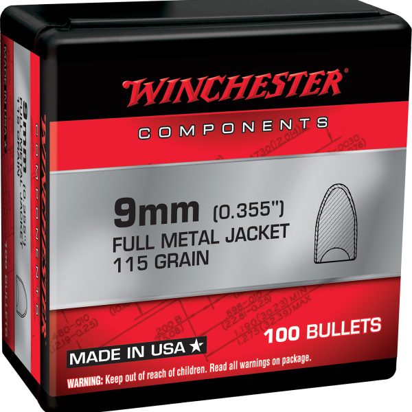 Winchester Ammo WB9MC115X Centerfire Handgun Reloading 9mm 115gr Full Metal Jacket Flat Base 100 Per Box/10 Case