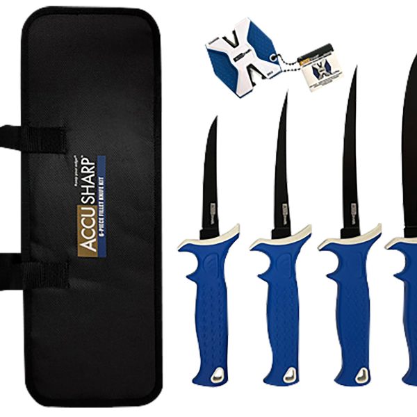 AccuSharp 737C Knife Kit  4.75/5.50/6.50/8" Fixed Fillet Plain Satin Stainless Steel Blade/ Blue Non-Slip Grip TPR Handle Includes 2-Step Sharpener
