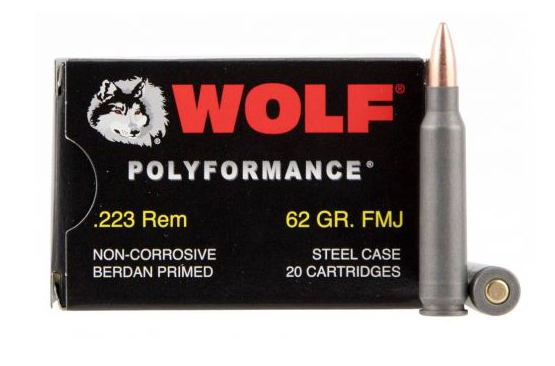 WOLF AMO 223 REM 62GR FMJ STEEL CASE 20-RD BOX (25 BOXES PER CASE)