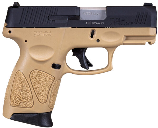 Taurus 1G3C931T G3C  Compact Frame 9mm Luger 12+1 3.26" Matte Stainless Steel Barrel, Matte Black Tenifer Serrated Steel Slide, Tan Polymer Frame w/Picatinny Rail, Black Polymer Grip, Right Hand