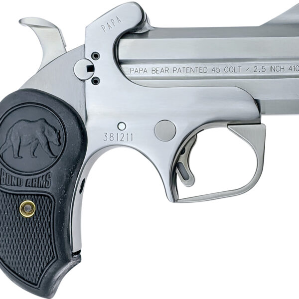Bond Arms BAPB Papa Bear 45 Colt (LC)/410 Gauge 2rd 3" Stainless Steel Double Barrel & Frame, Auto Extractors & Rebounding Hammer, Blade Front/Fixed Rear Sights, Extended Rubber Grip, Manual Safety