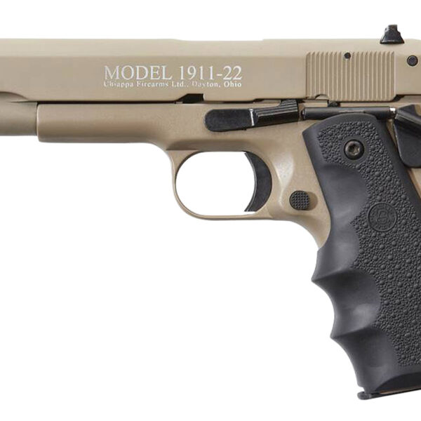 Chiappa Firearms 401120 1911-22  22 LR 10+1, 5" Black Steel Barrel, Tan Serrated Slide, Tan Aluminum Frame w/Beavertail, Black Hogue Rubber Finger Grooved Grip, Manual Thumb Safety, Right Hand
