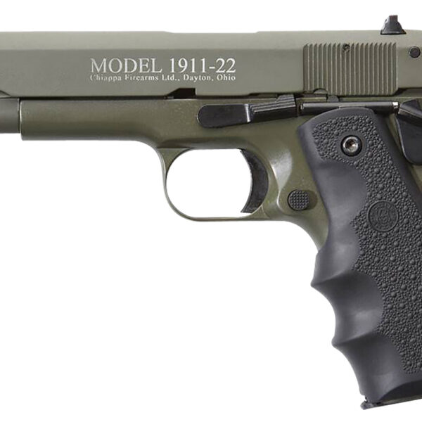 Chiappa Firearms 401121 1911-22  22 LR 10+1 5" OD Green Serrated Steel Slide & Beavertail Frame, Black Hogue Rubber w/Finger Grooves Grip